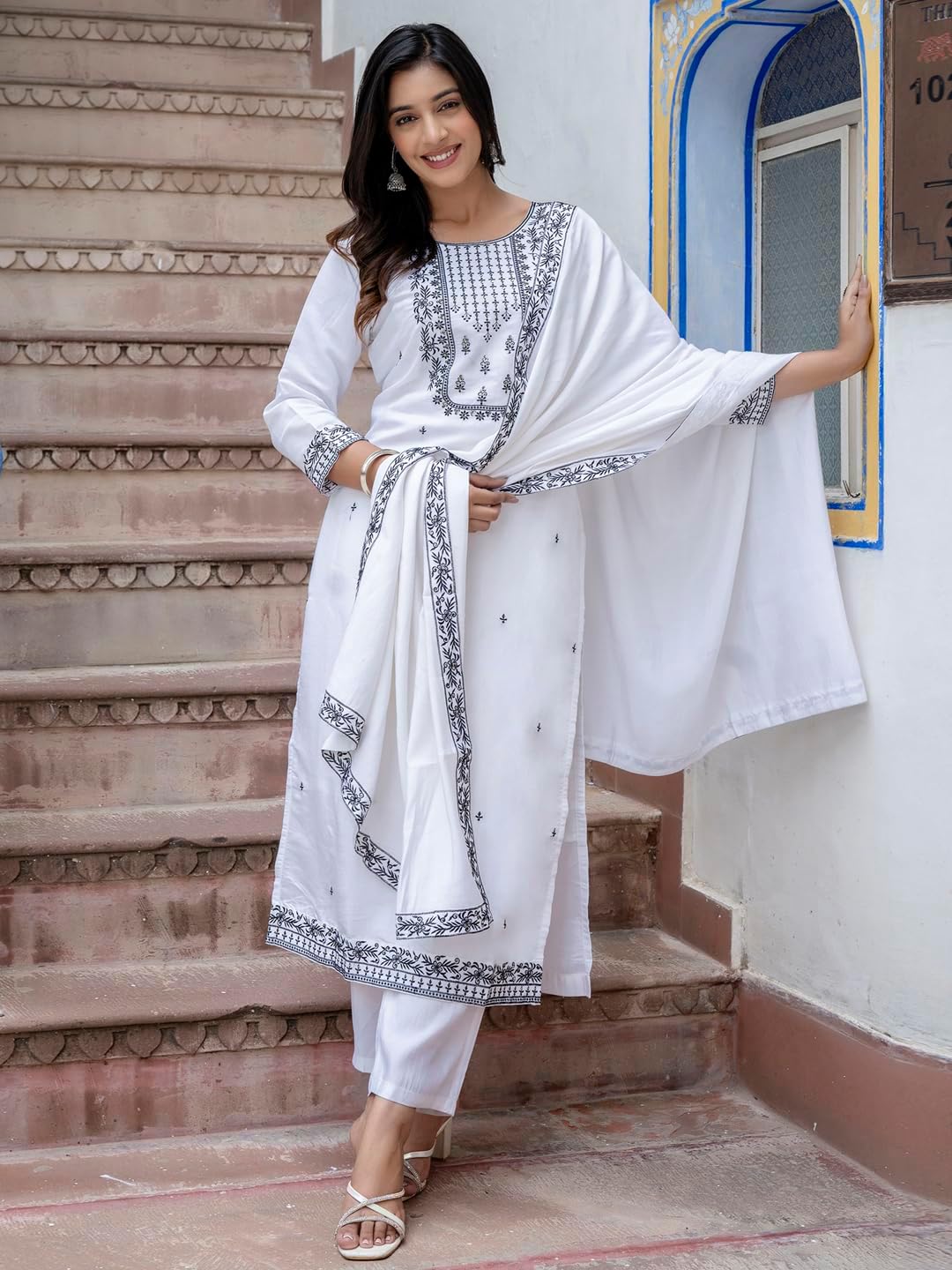VredeVogel Dames geborduurde viscose rayon kurta met broek & banarasi zijde dupatta set, Citroen, 2XL