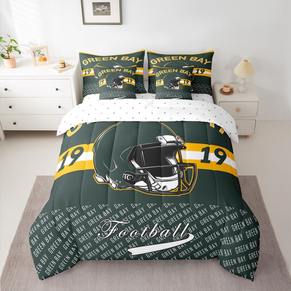 Feelyou Football Comforter Set with Sheets 7 Piece Full Size Green Bay Bed in a Bag Kids Boys Girls Football City Bedding Set Sports Games Bedroom Decor Breathable Soft Lightweight Microfiber