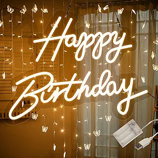 ATOLS Happy Birthday ネオンサイン 壁装飾用 バッテリーまたはUSB給電 Happy Birthday LEDサイン、再利用可能 Happy Birthday ライトアップサイン すべての誕生日パーティーデコレーション用、サイズ-17x13インチ、ウォームホワイト