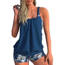 Cut Out Tankini Swimsuits for Women Faux-Layered Bathing Suits | 2 Piece Blouson Top with Boyshorts, Tummy Control, Removable Pads, for Outdoor Water Activities, Pool Parties