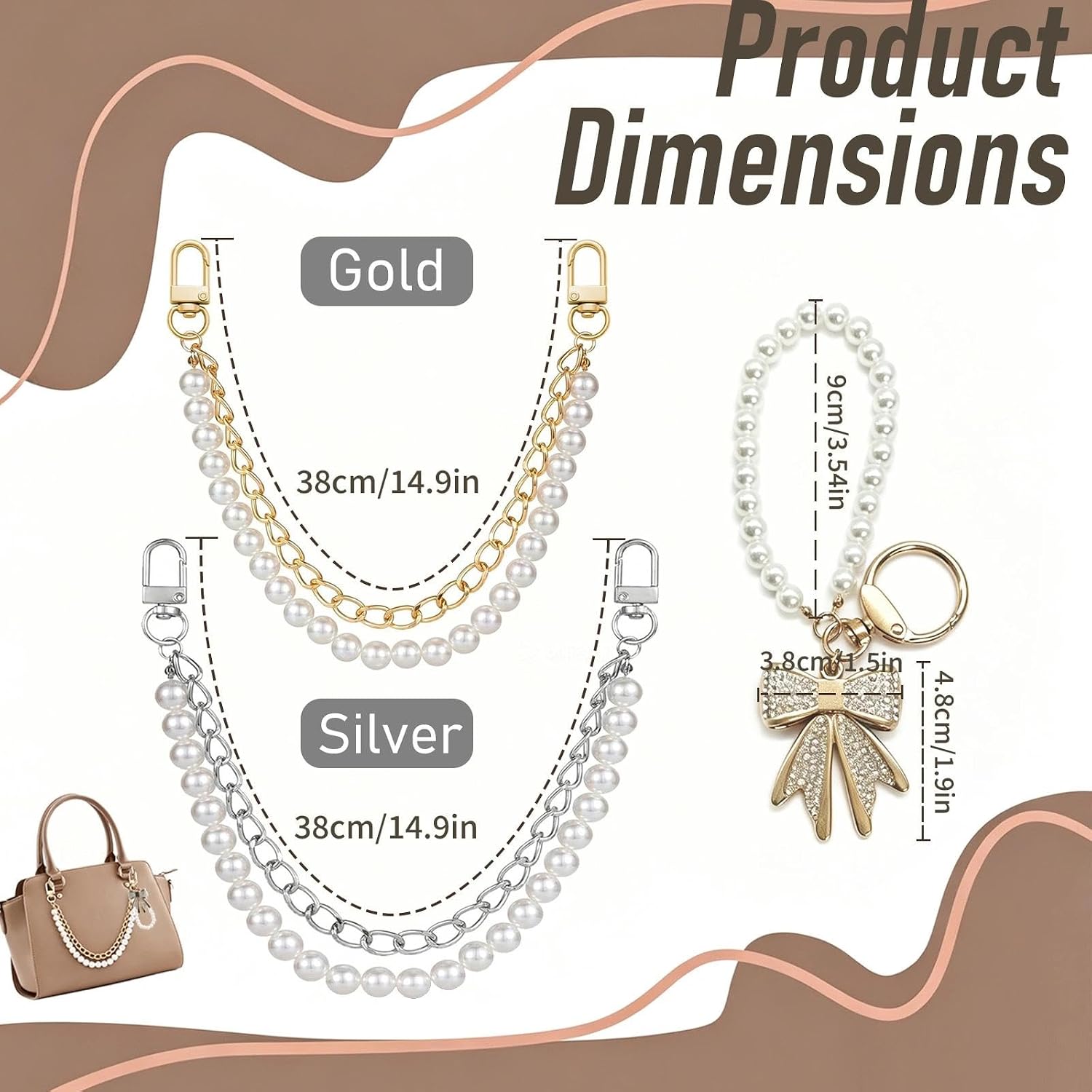 3 Piece Purse Chains Set, Pearl Rhinestone Bow Bag Chains