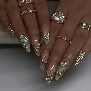 24 Stück Press on Nails, Gold Glitzer Künstliche Nägel in Mandelform, Mittel Lang, Zum Aufkleben für Frauen und Mädchen, Ideal für Hochzeit und Party