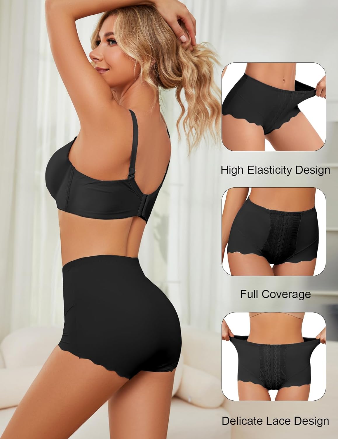 4Pack Women's High Waisted Underwear Moderate Tummy Control Shapewear Panties Stretch Lace Briefs for Women - Image 3