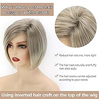 Vista 5 de TISHINING Pelucas rubias cortas en capas para mujeres blancas, longitud de la barbilla, color rubio ceniza, parte lateral, peluca Pixie Bob, cabello