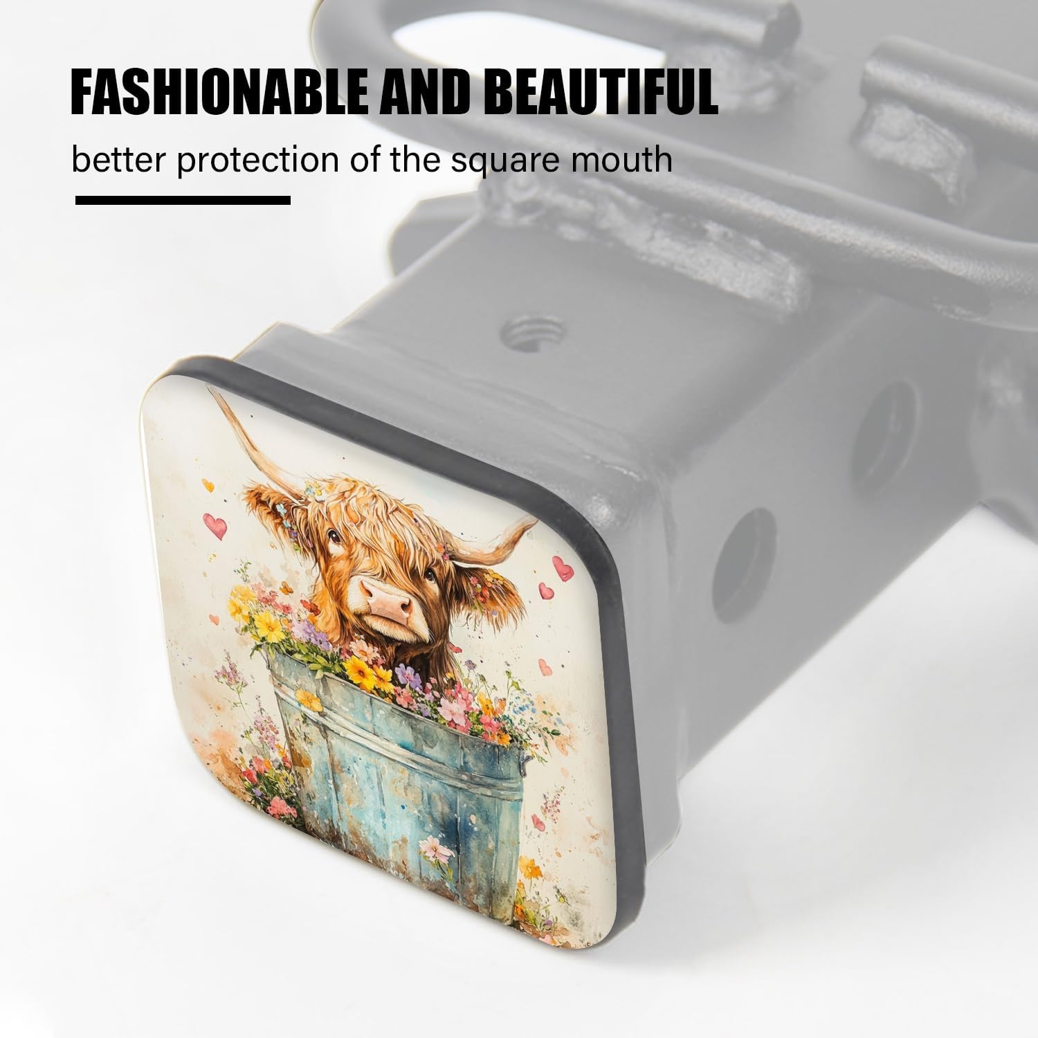 Hitch Cover Fits for 2-Inch Hitch,Highland Cow with Flowers in A Bucket in Watercolor Rubber Trailer Hitch Cover Tube Plug Insert,Car Exterior Accessories, Receiver Tube Hitch Plug