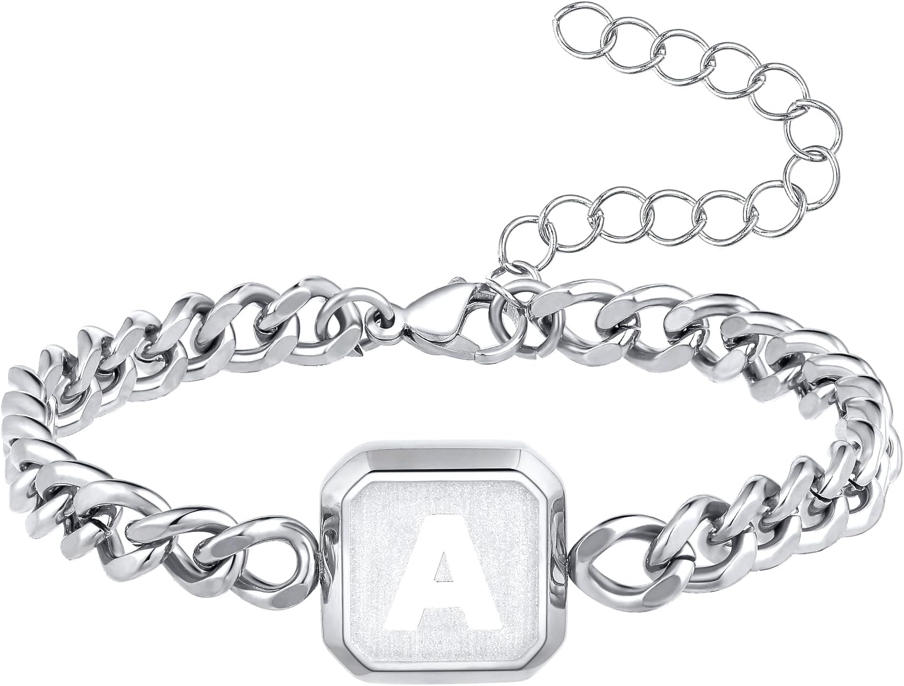 Initial Bracelet Gold/Silver/Black Squre A-Z Letter Cuban Link Chain Mens Bracelets Adjustable Size Stainless Steel Men Jewelry Gifts for Husband Dad Brother Son