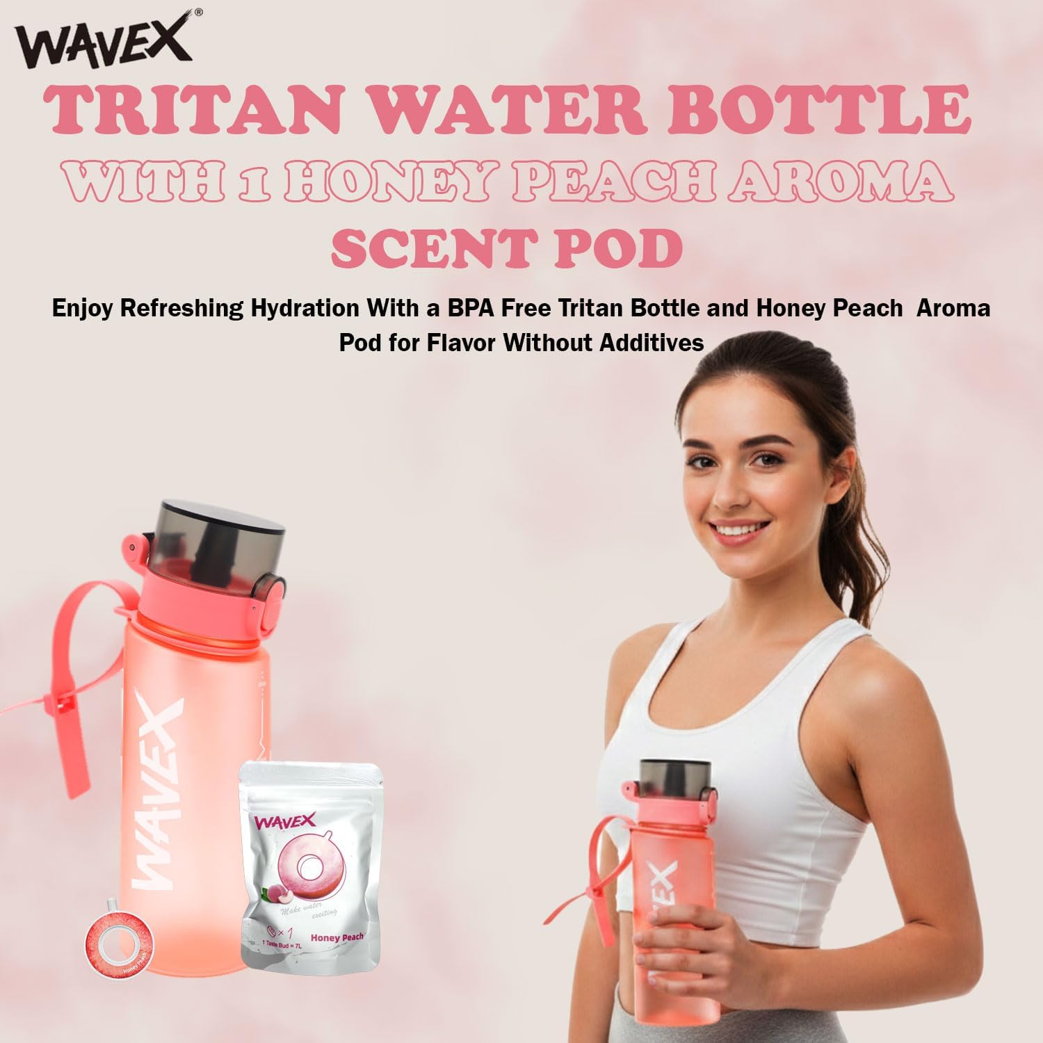 WAVEX Flavored Water Bottle That Makes Plain Water Enjoyable, Aroma-Powered Hydration, Includes 1 Replaceable Honey Peach Aroma Flavor Scent Pod, No Sugar or Additives, 0 Calorie, (550ml, Pink)