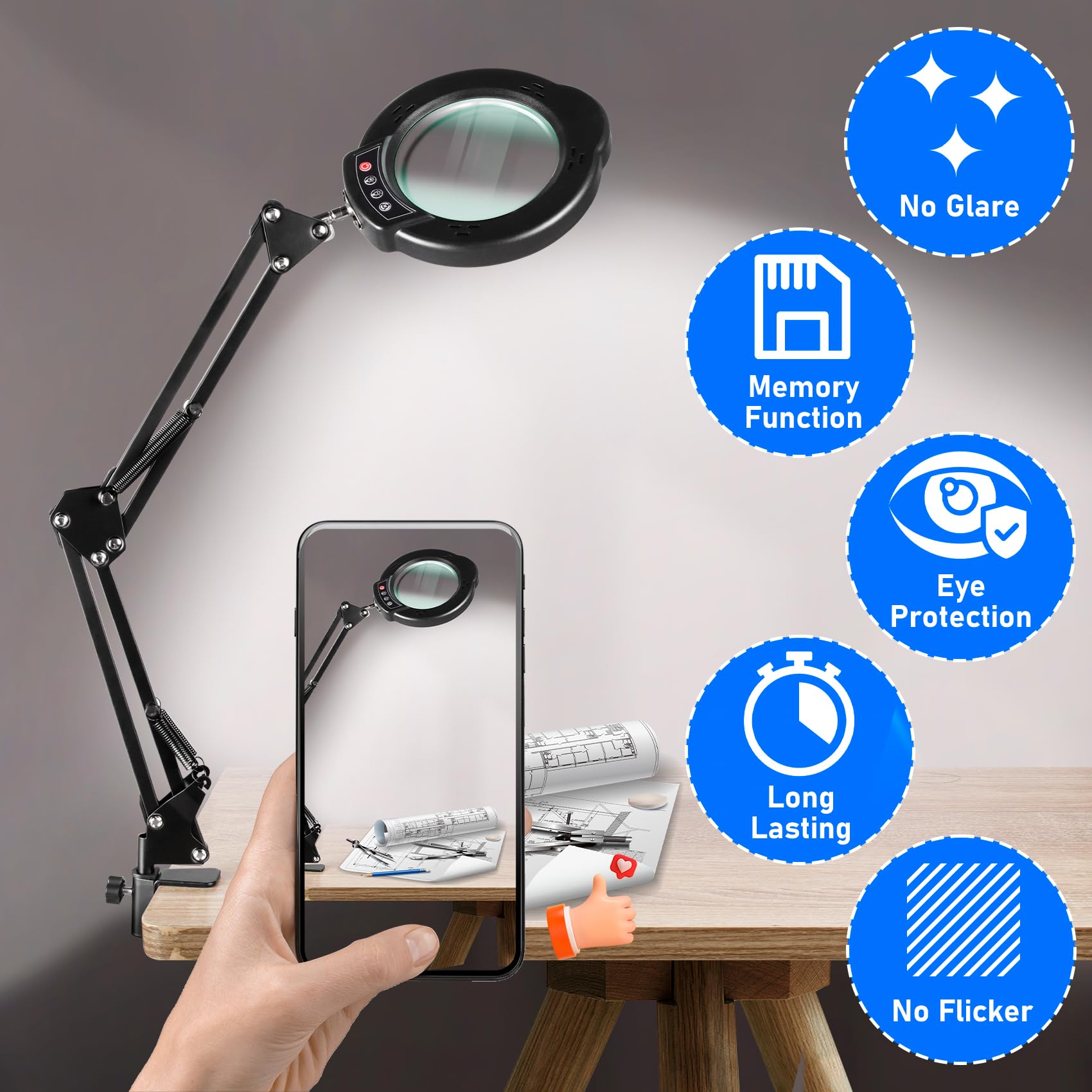 10X Magnifying Glass with Light and Stand LED Desk Lamp with Base and Clamp 5 Color Mode 10 — view 7