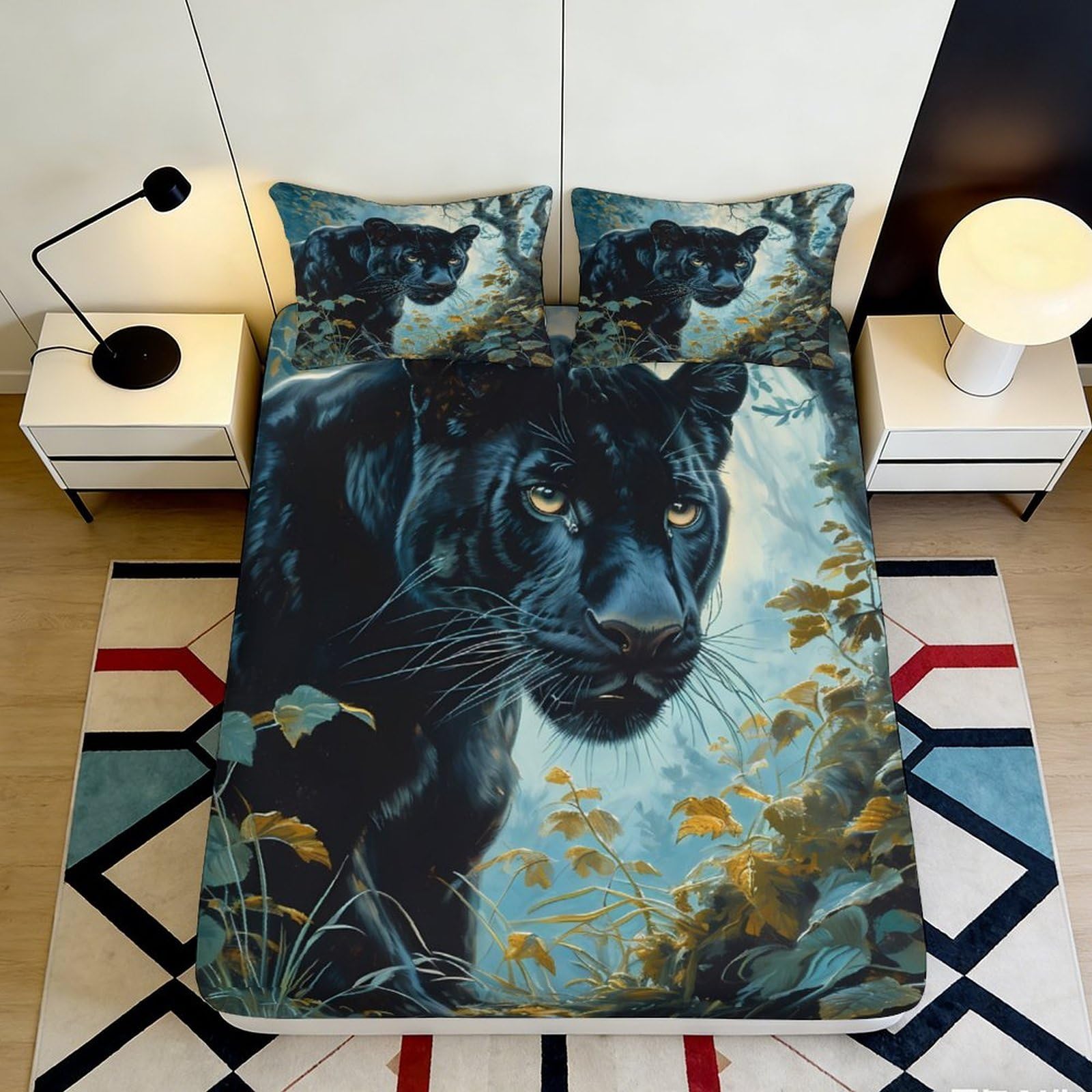 3D Printed Black Panther Fitted Sheet Microfiber Soft Breathable Jungle Scene Bed Cover for Bedroom Dormitory Guest Room Mattress Protection Decor 160x200x25cm