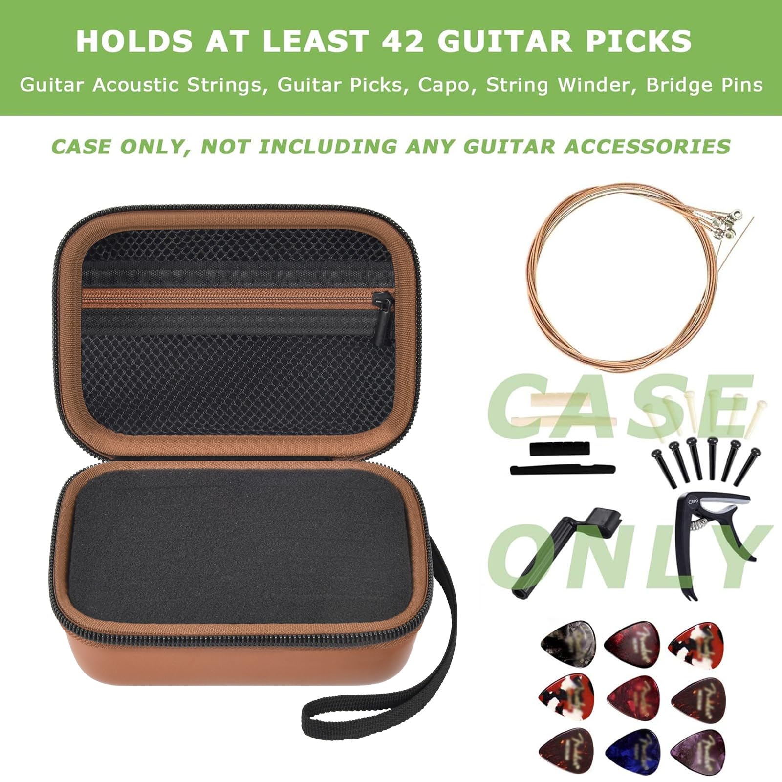 70+ Guitar Pick Holder Case for Fender for D'Addario for ChromaCast for JIM DUNLOP for Acoustic Strings, Guitar Pick Organizer, Capo, String Winder, Bridge Pins, Guitar Player Accessory Kit (Brown)