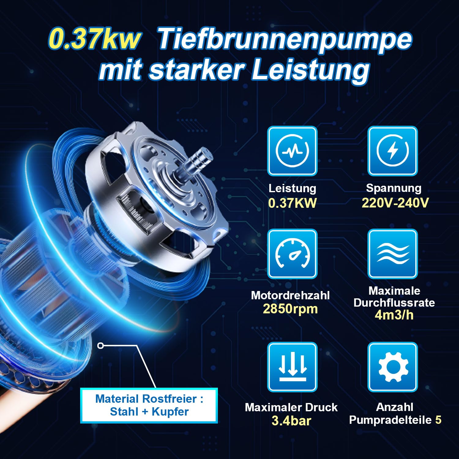 Pompe de puits profond 370 W 4000 l/h Pompe de puits 693 mm Pompe à eau en acier inoxydable Pression 3,4 bar Hauteur de refoulement max. 34 m max. 35 °C pour puits de 4" ou plus Argent