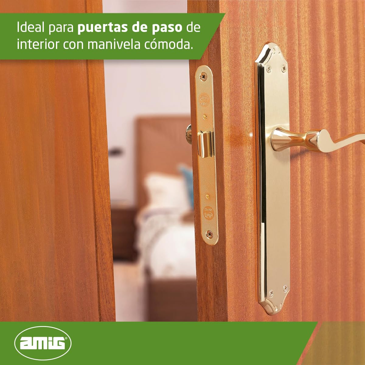 Amig - Juego de Manillas con PLaca - 248 x 44 mm - Fabricado en Zamak - Acabado Dorado - Incluye Tornillos Pasantes Antirrobo y Accesorios de Fijación - Para Puertas de interior