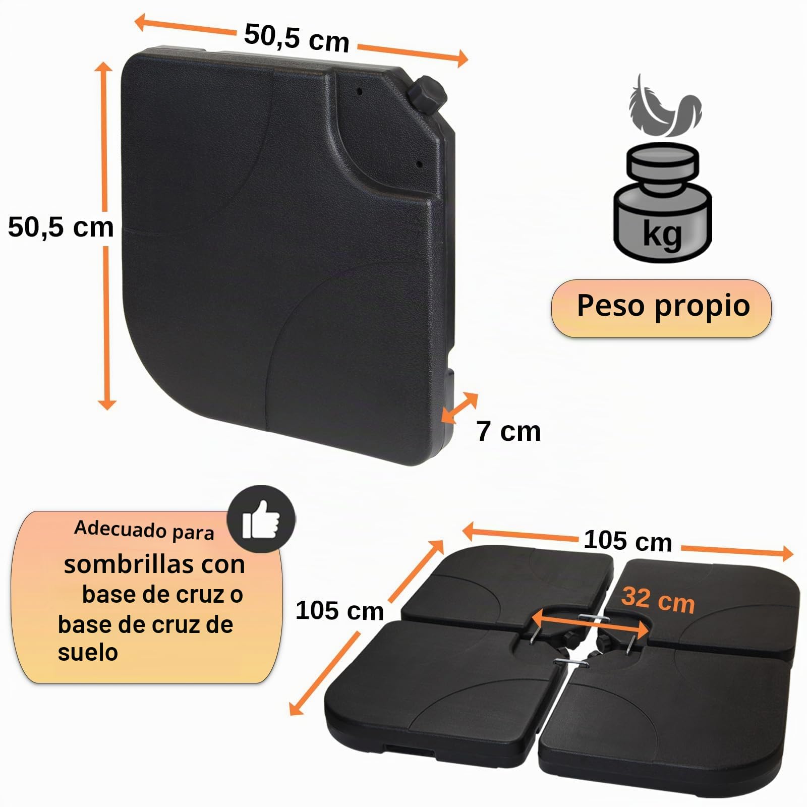 Montafox Peso de la sombrilla Base para sombrilla 4 Partes por Parasol Base Cruzada Negro 60 litro / 100 kg - para llenar de Agua o Arena