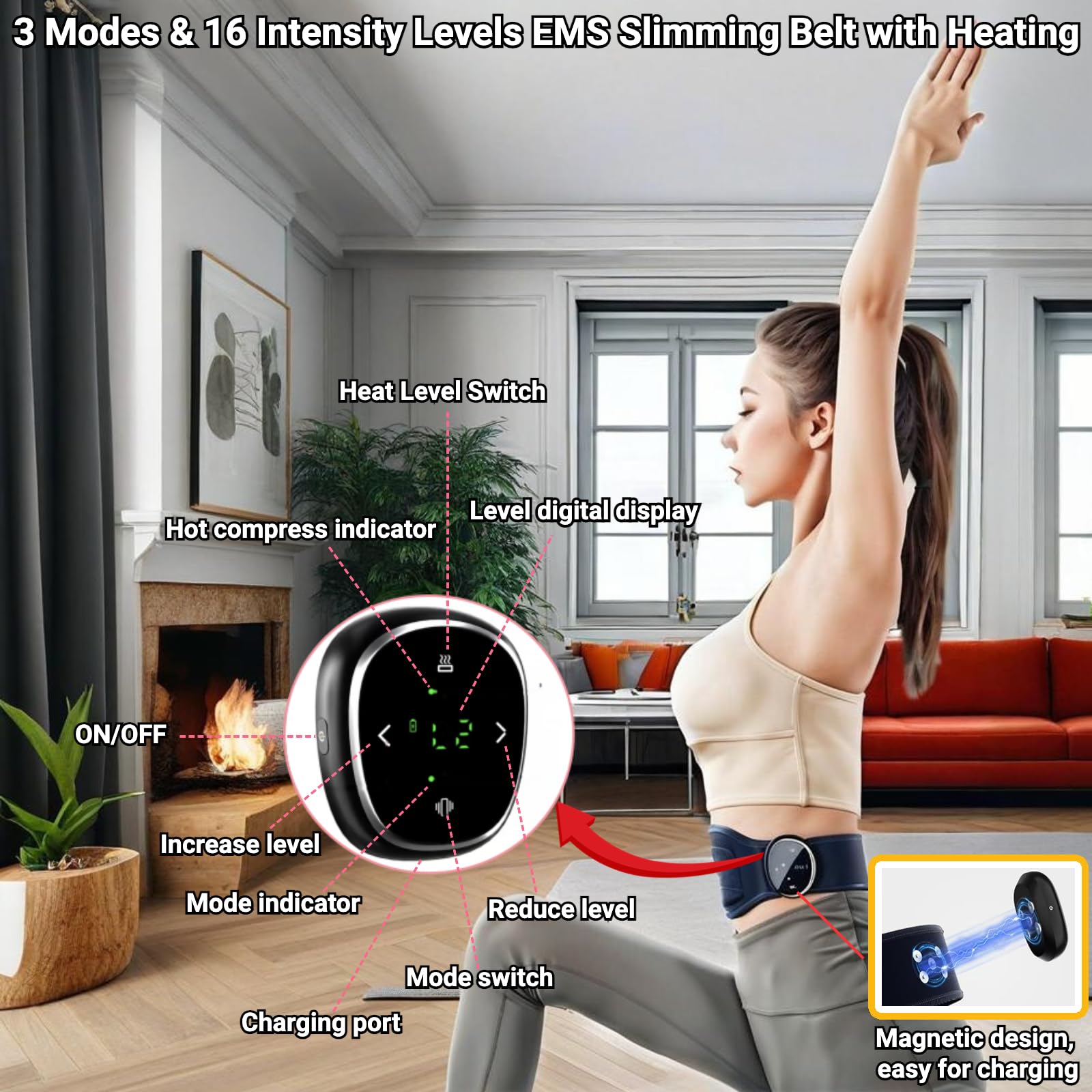Beheizter EMS-Bauchmuskelstimulator – 3 Modi & 16-stufig einstellbarer Bauchmuskeltrainer mit Digitalanzeige, 110 cm (43,3 Zoll) langer Muskelaufbaugürtel für Bauchfettverbrennung,Körperformung