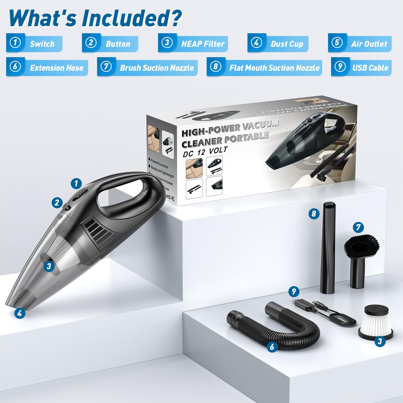 Aspirador Portátil Inalámbrico, 120 W, 9000 Pa, Potente, con Batería de 3600 mAh, Recargable, para Limpieza de Hogar y Coche