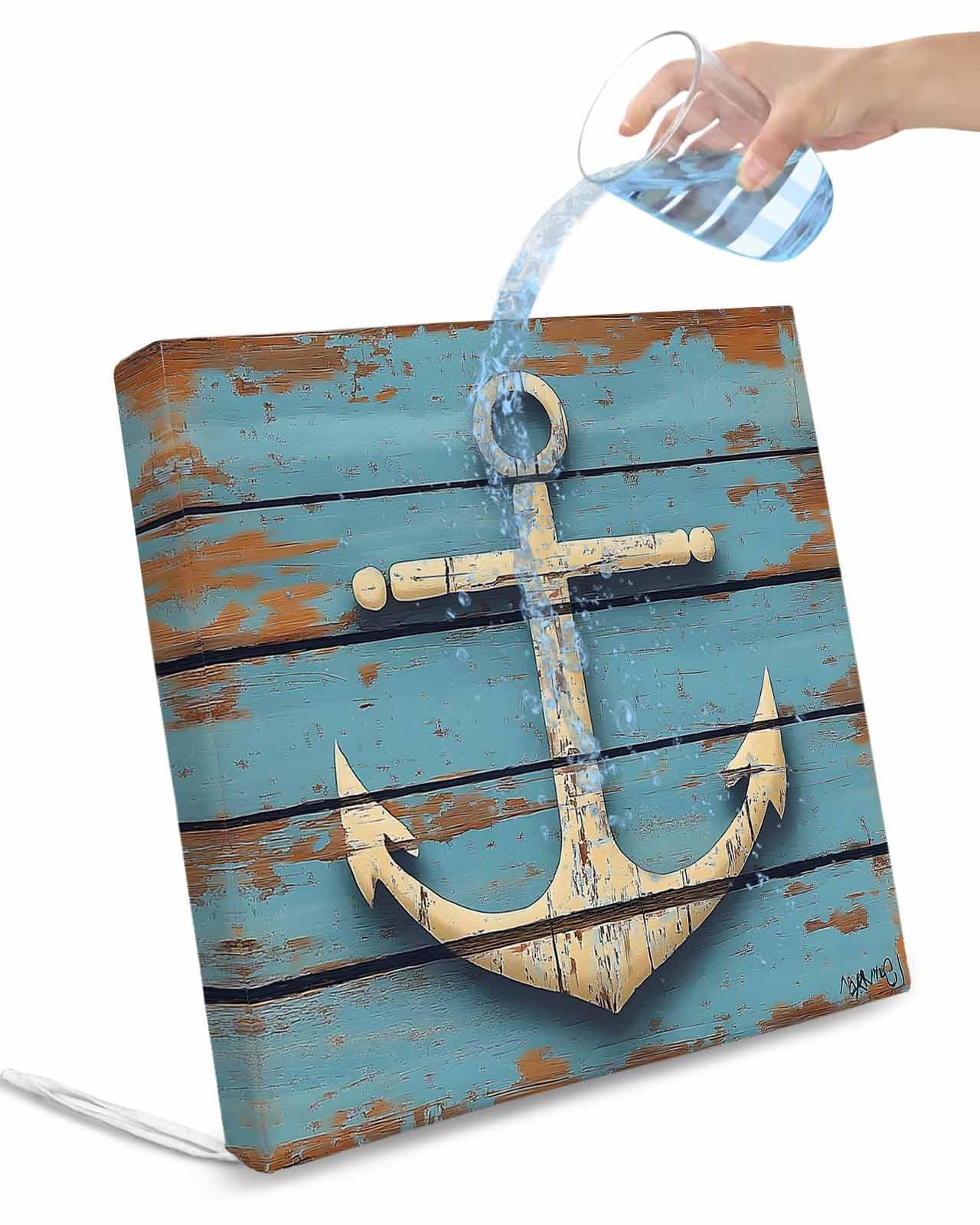 Hokiten Beige Anchor Nautical Outdoor Cushion Chair Cover Set of 4 - Waterproof Couch Seat Covers, Vintage Farmhouse Blue Wooden Patio Furniture Protector Cushions Slipcovers for Sofa/RV, 22