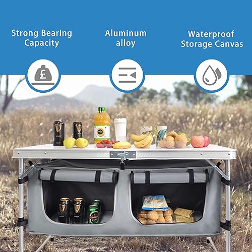 Miniatura 9 de Mesa de camping plegable con almacenamiento de aluminio, mesa de campamento ligera, altura ajustable, mesas de picnic para exteriores, mesa de playa