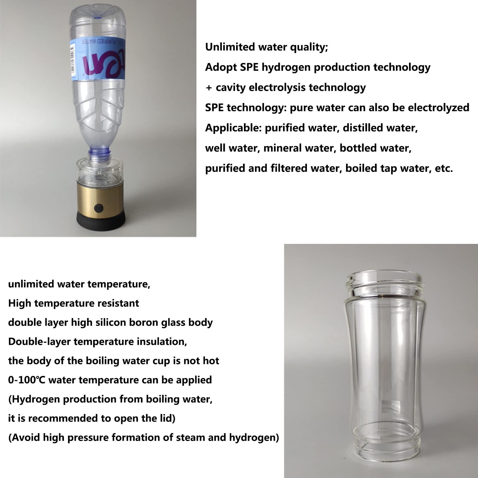Générateur d'eau, Bouteille d'eau alcaline hydrogène Générateur d'eau ionisée hydrogène avec Technologie SPE et PEM 3 Minutes pour Produire Une teneur hydrogène 1200 1600 PPB avec inhalateur et ada