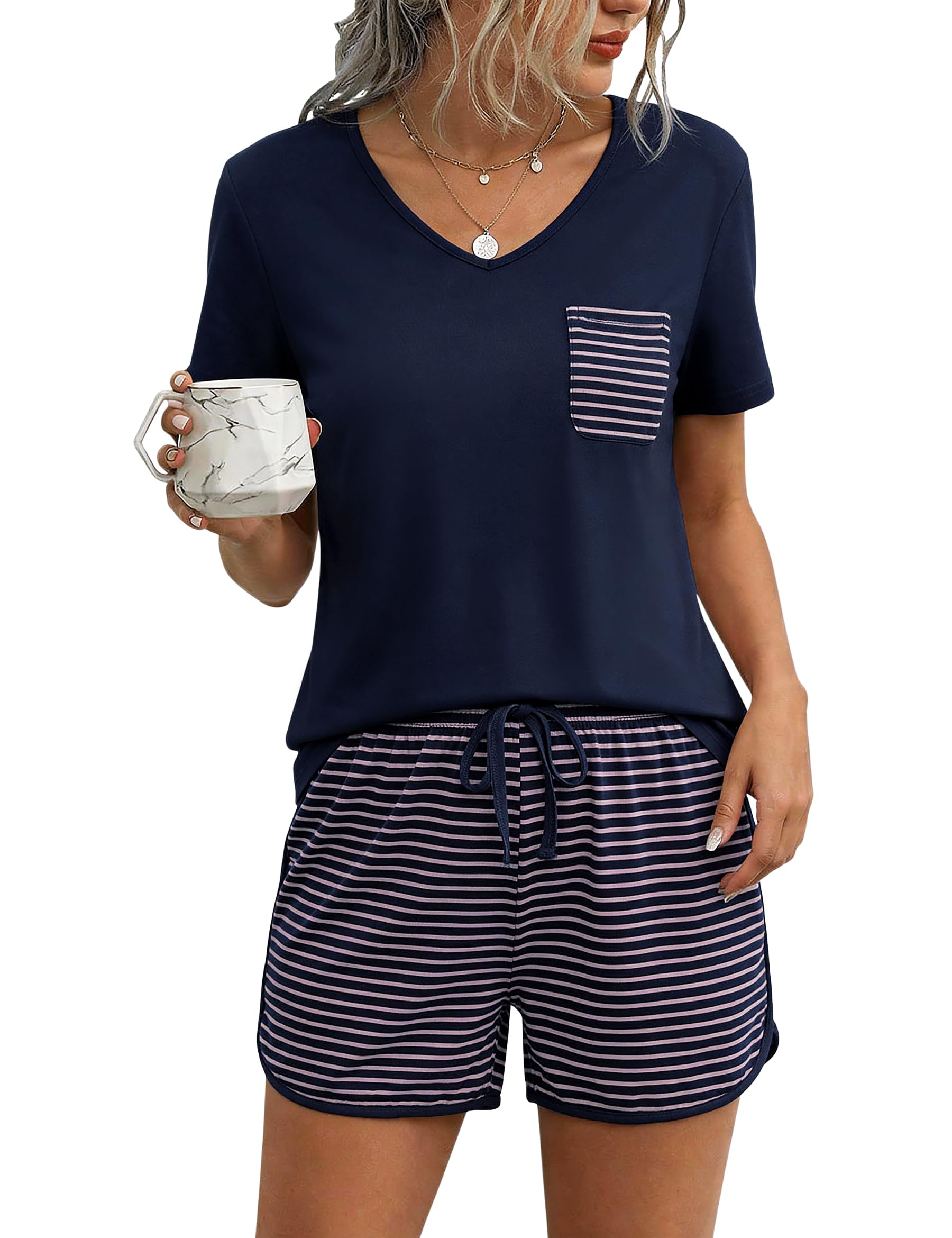 Demegimi Schlafanzug Damen Kurz Pyjama Set Baumwolle Sommer Schlafanzüge V-Ausschnitt Shorty Nachtwäsche S-2XL