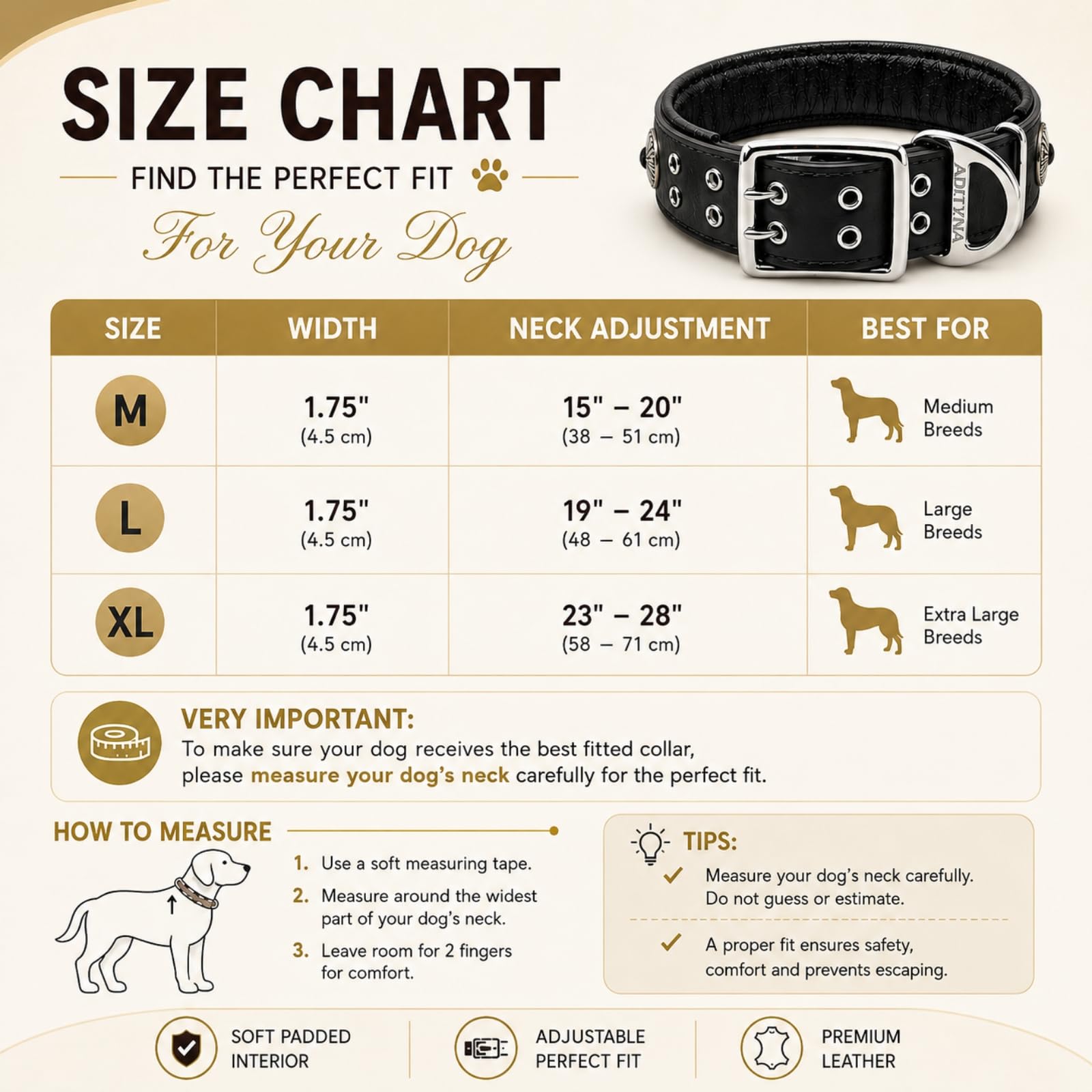 ADITYNA Hundehalsband aus Leder, mit Nieten, Größe XL, robustes Hundehalsband für extra große Hunde mit Polsterung, 4,4 cm breit, verstellbar 58,4 cm – 71,1 cm, für Deutsche Dogge, Cane Corso