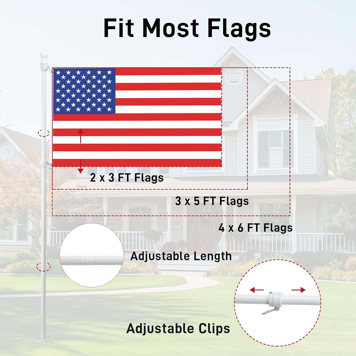 White House Flag Pole Kit, (2 Packs) 6 FT Stainless Steel Tangle Free Spinning Flagpoles with Two-Position Wall-Mounted Flag Pole Holder for 3x5 American Flags, Outside House Porch (No Flag)