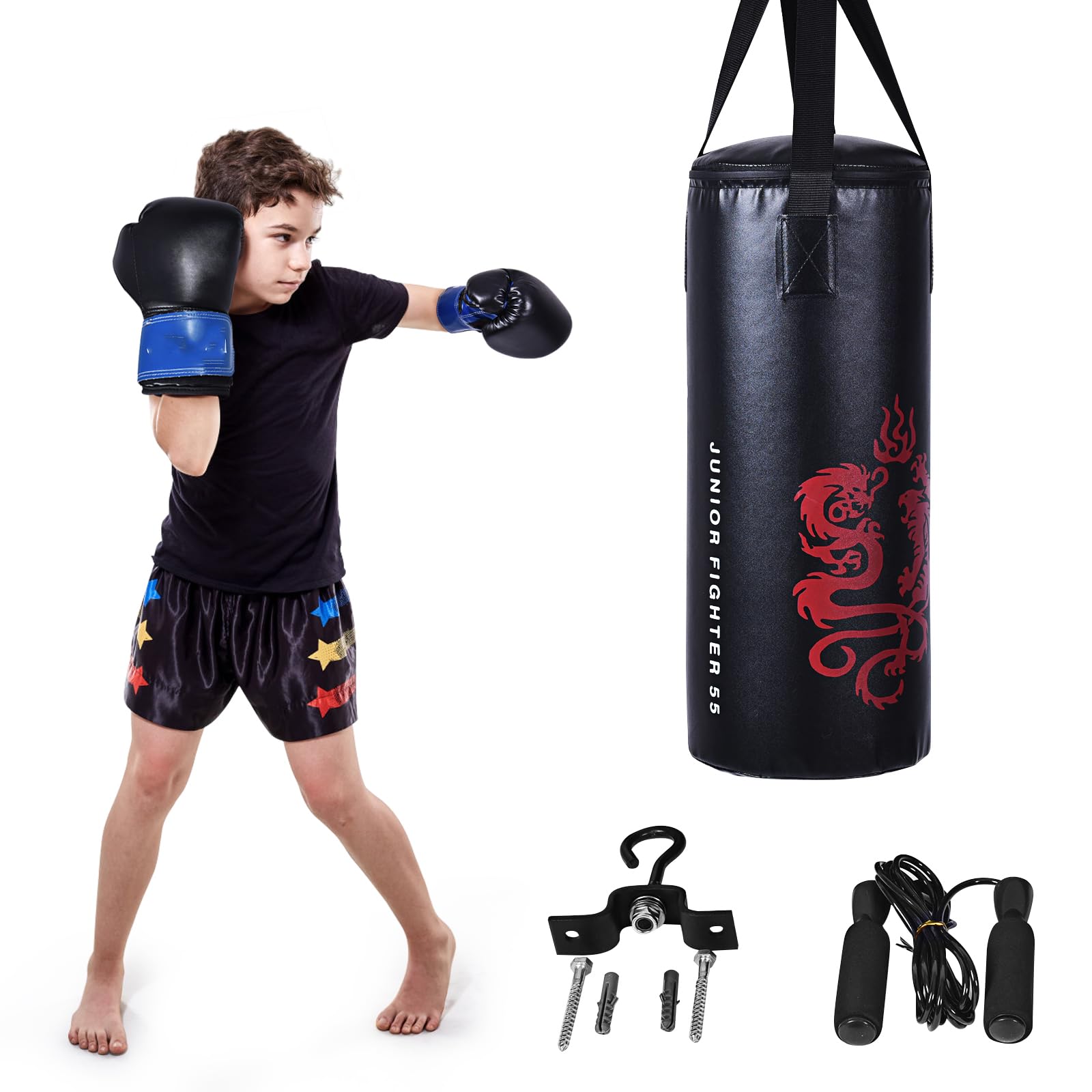 GYMAX Sac de Frappe pour Enfants, Sac de Boxe Suspendu avec Gants de Boxe & Corde à Sauter & Sac de Transport, Remplissable de Sable