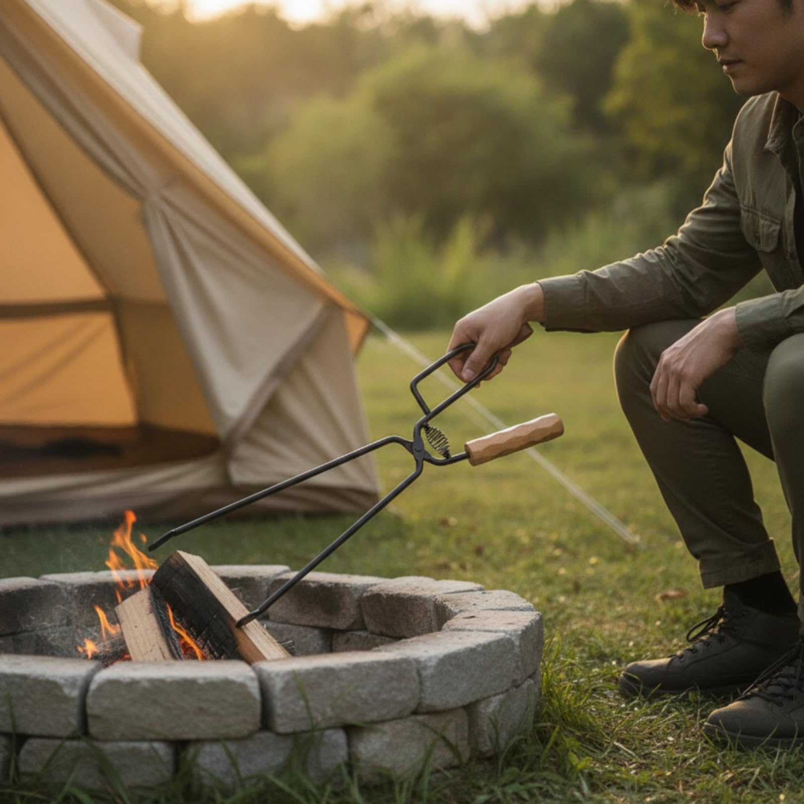 Feuerzange Kaminzange Grillzange Kohlenzange Holzgriff Metall Hitzebeständig Langer Stiel Funkenabstand Sicheres Einstellen von Glut für Kamin Hütte Lagerplatz, With Spring
