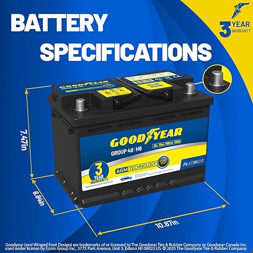 Miniatura 2 de Goodyear 48-H6-AGM BCI Tamaño de grupo 48 12V 70 AH, 120RC, 760 CCA Platinum Series AGM recargable sin mantenimiento Batería automotriz