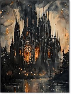 Gothic Victorian Castle Wall Art Vintage Dark Academia Oil Painting Poster Retro Mid Century Goth Vampire Forest Canvas Prints for Living Room Bedroom Wall Decor 12x16 inch Unframed