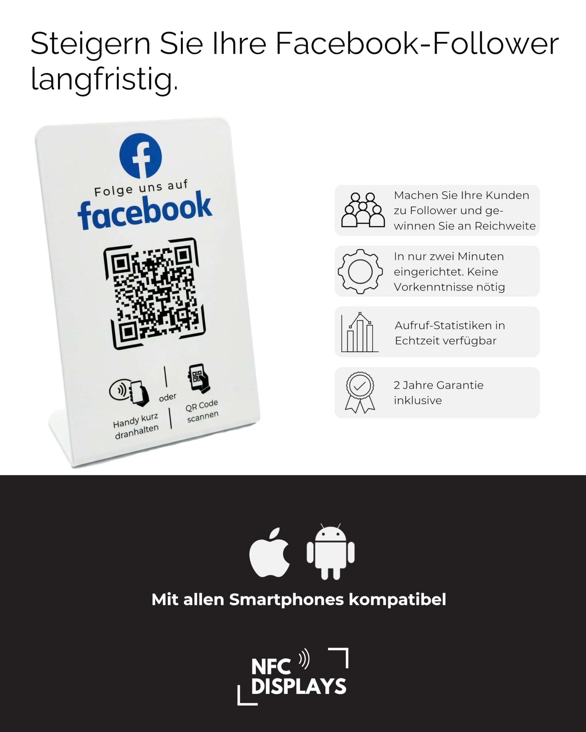 Aufsteller/Schild für Facebook mit QR-Code und NFC (16,5 x 10,5cm) - Deutsch