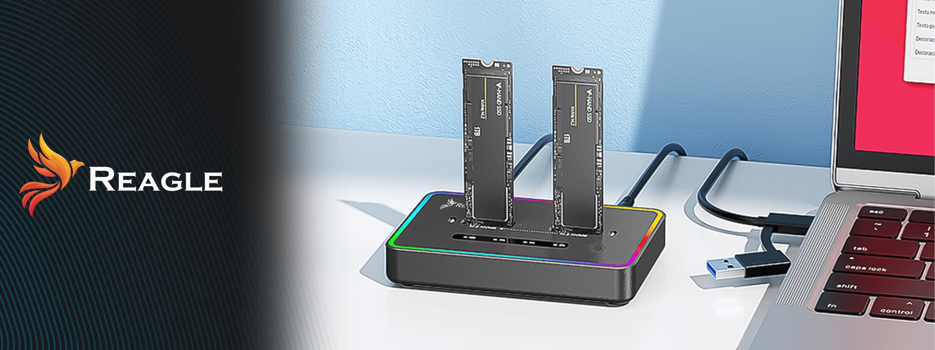 Reagle Stacja dokująca do dysków twardych Pocket Cloning Station NVME PCIe M.2 M Key 2230 / 2242 / 2260 / 2280 USB-C 3.2, 2X 4TB SSD Adpater 20 Gbps