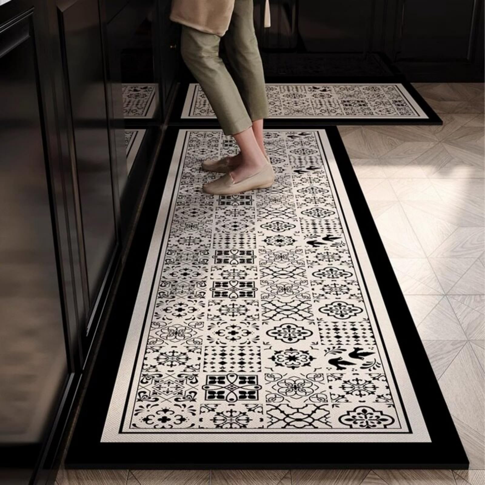 Tappeto Cucina 40X60Cm+40X120Cm Nero Boemo Tappeto Cucina Antiscivolo Lavabile Set Di 2 Pezzi,Tappetino Multiuso In Pelle,Comodità E Resistente,Per Ingresso,Camera,Bagno