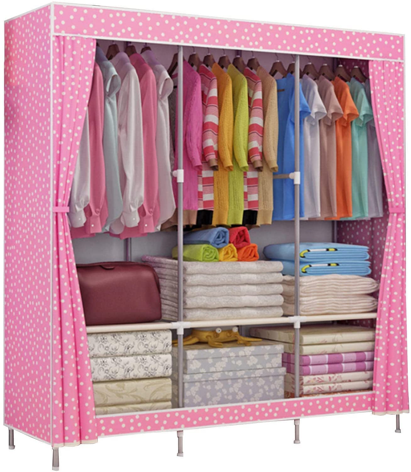 Armadio Portatile in Tela,Armadi in Tessuto con Asta Appendiabiti,Rivestimento in Tessuto,Armadio Organizzatore per Vestiti,Scarpe,Pink-129x45x167cm