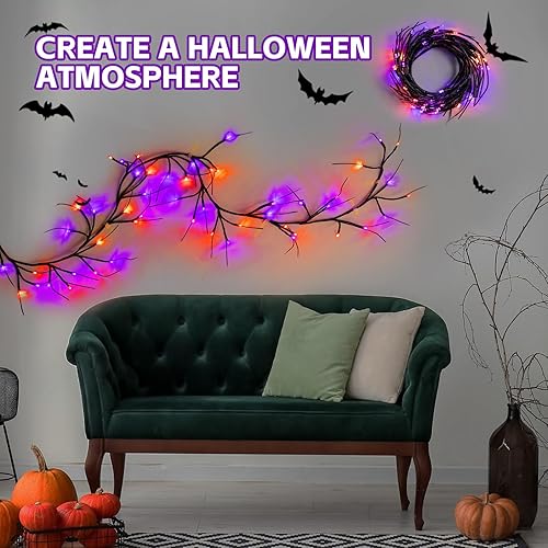 Miniatura 6 de Paquete de 2 luces de vid de sauce encantado de Halloween con temporizador, total de 12 pies, 108 luces LED de sauce iluminadas, decoraciones de