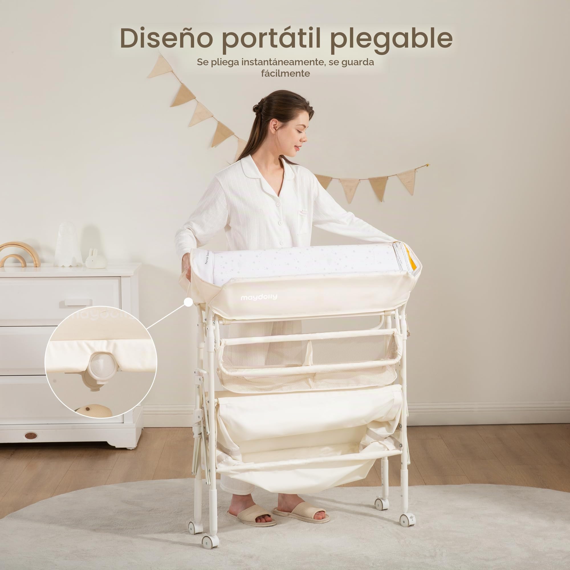 Maydolly Cambiador de Bebé Plegable y Portátil, Altura Ajustable, con Ruedas, 2 Cestas de Almacenamiento y Colchón Impermeable – Color Beige