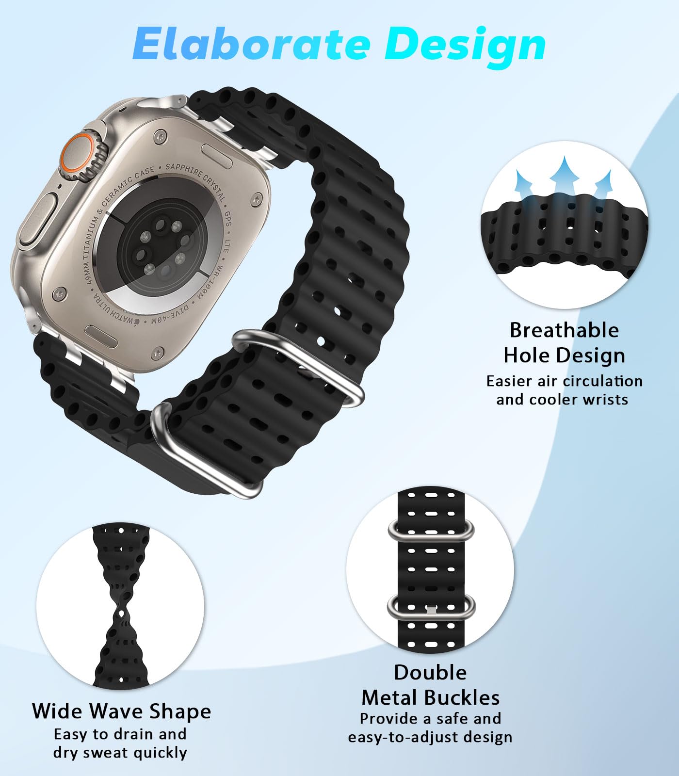 Astorgos Cinturino Ocean compatibile con Apple Watch Ultra 2/Ultra 49mm, S10 46mm, 9/8/7 45mm, SE/6/5/4 44mm, 3/2/1 42mm, Cinturini Sportivo con Connettore in Metallo per Uomo e Donna