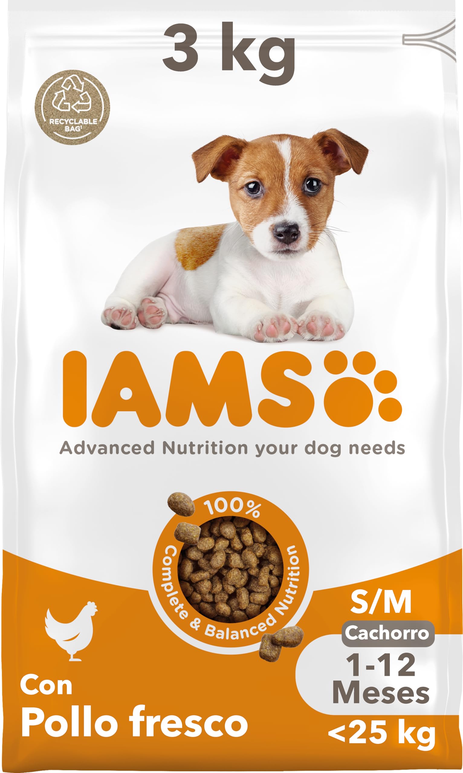 IAMS Alimento seco para Cachorros de Razas pequeñas y Medianas de 1-12 Meses con Pollo Fresco, 3 kg