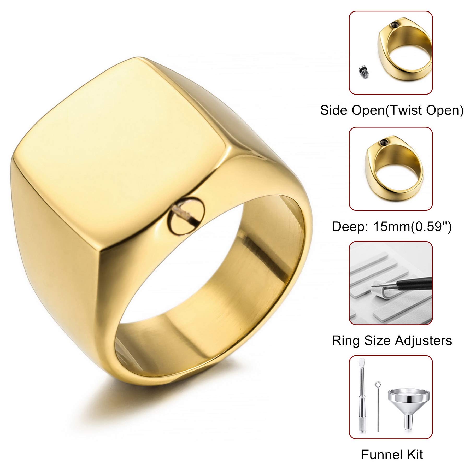 MeMeDIY Personalized Cremation Urn Ring Signet Ring Engraving Black & White Picture Photo Stainless Steel Memorial Ashes Holder Keepsake for Women Men Pet Dog Cat Funnel Kit (Gold Size 7)