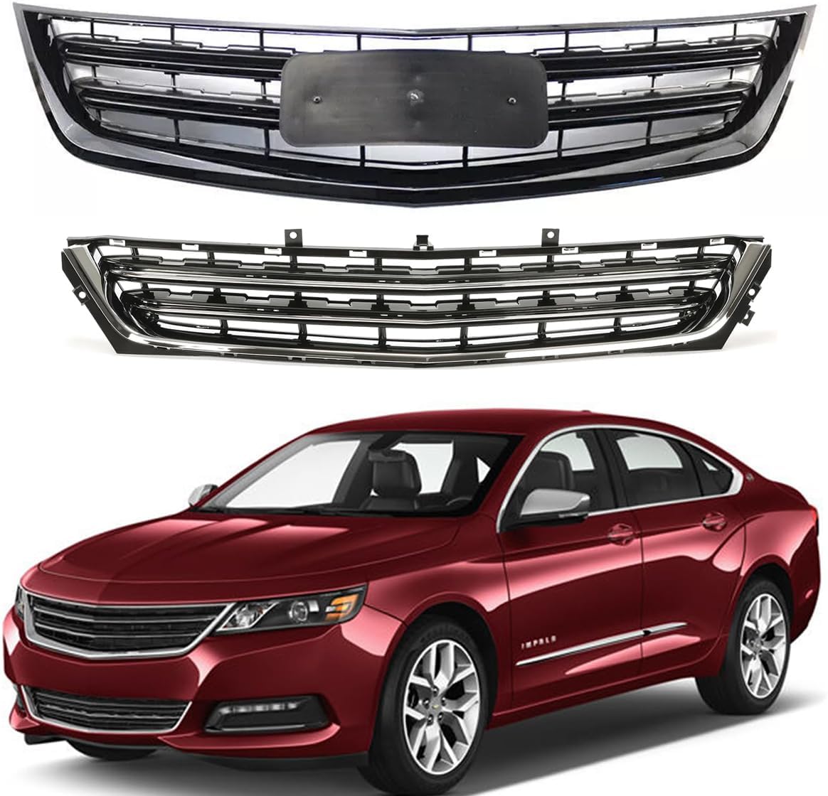 Bumper Grille Compatible with 2014~2020 Chevrolet Impala LT, Premier, LS, LTZ, Eco Chrome Front Bumper Grille Upper+Lower Grille