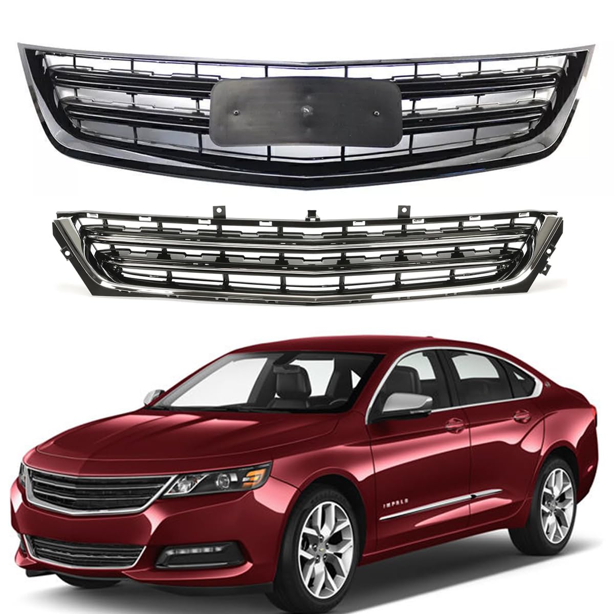 Bumper Grille Compatible with 2014~2020 Chevrolet Impala LT, Premier, LS, LTZ, Eco Chrome Front Bumper Grille Upper+Lower Grille