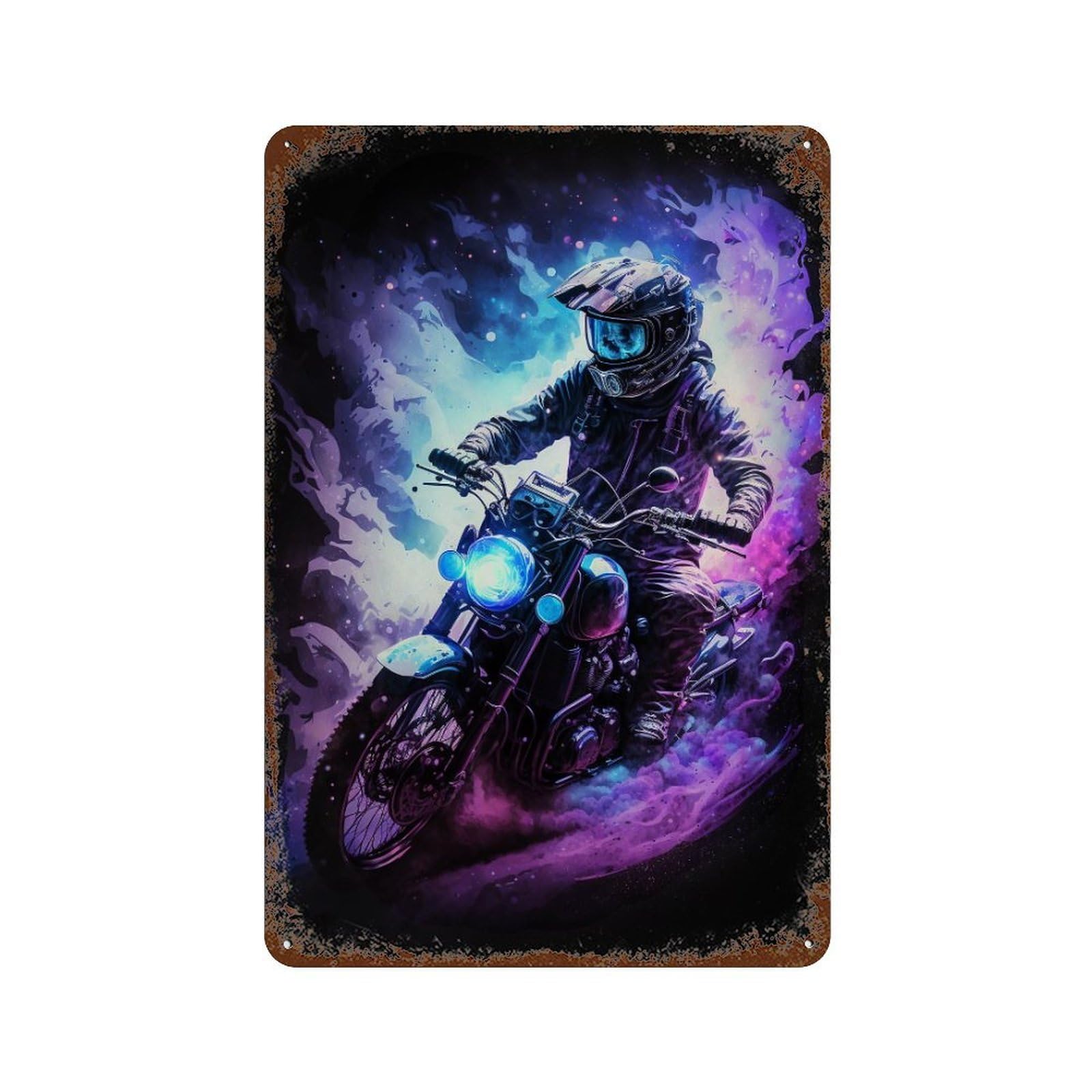Motorcycle Rider in Neon Lights -1 Distressed Metal Wall Sign 11.8"x7.9", Shabby Chic Decor for Garage, Pub Or Kitchen