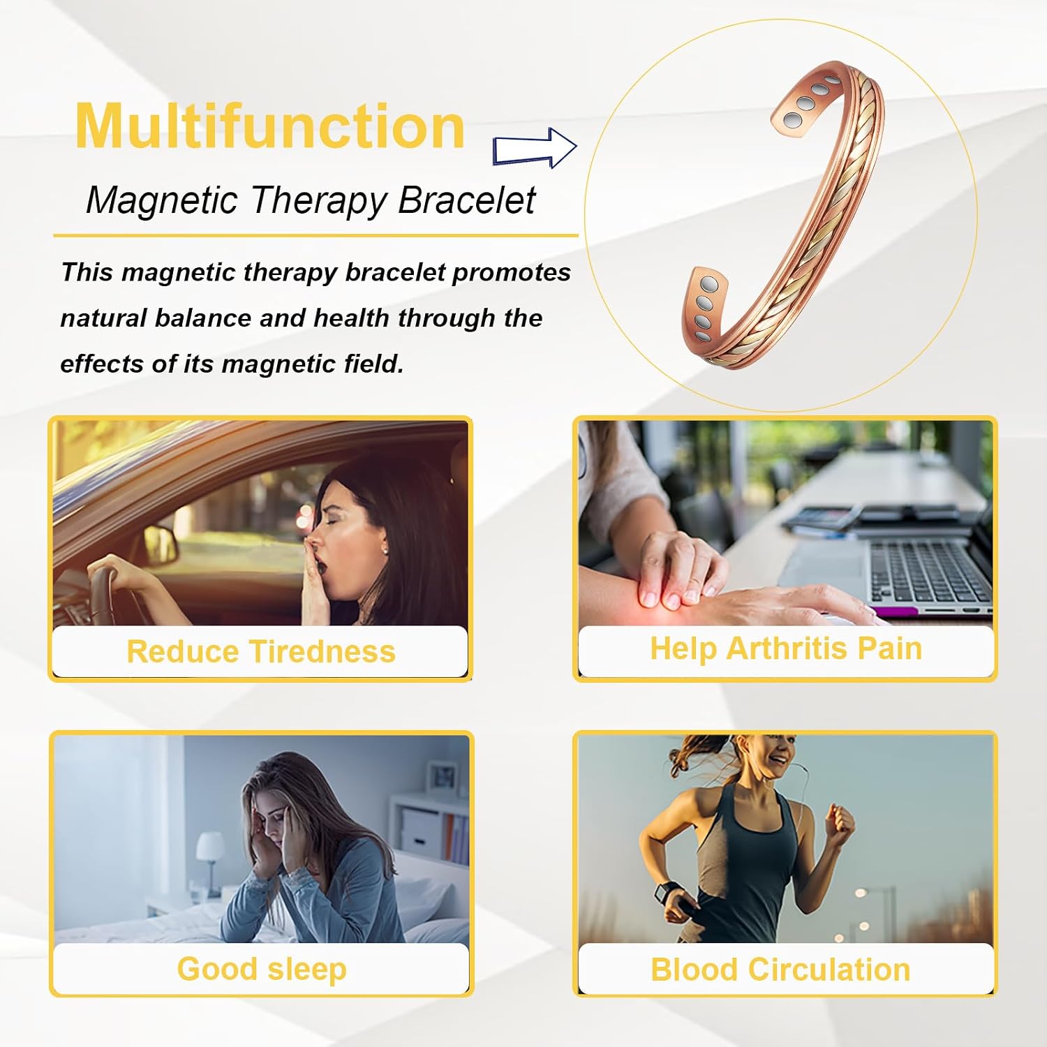 Copper Bracelets for Women Men, Three -Color Gold Woven Adjustable Magnetic Bracelet, Copper Jewelry Gift (1009)