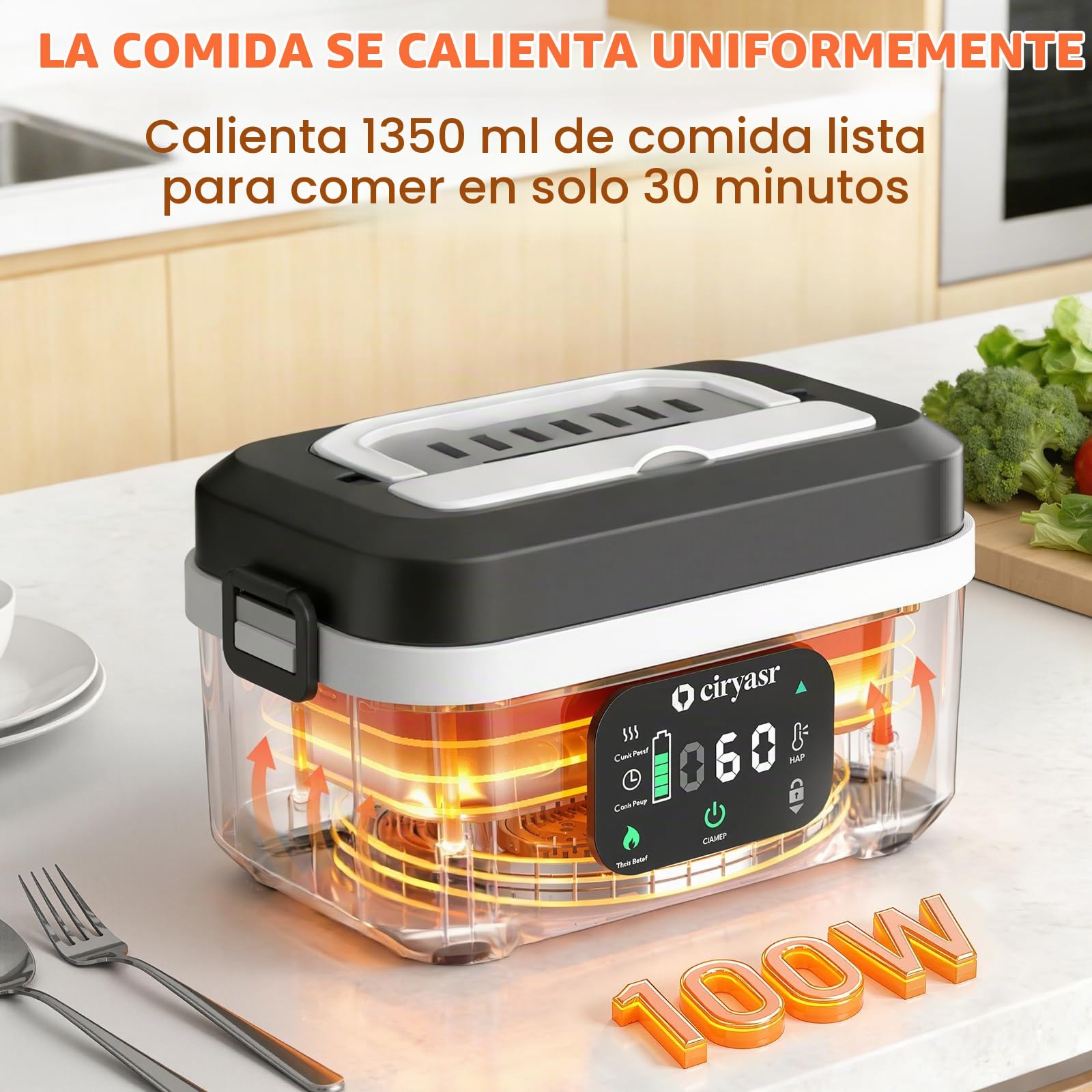 Fiambrera Eléctrica Inalámbrica, Taper Electrico para Comida con Calentamiento Programado, Lunch Box Adultos de 1,35 L, Calentador Portátil con Bolsa Isotérmica, Apto para uso en exteriores