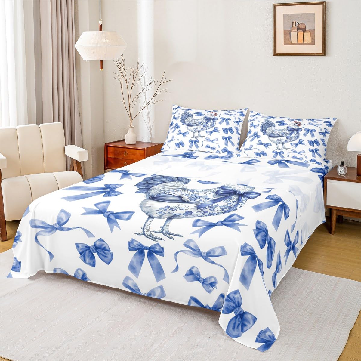 jejeloiu Chicken Bedding Full Size Blue Bow 4 Pieces Sheet with 16