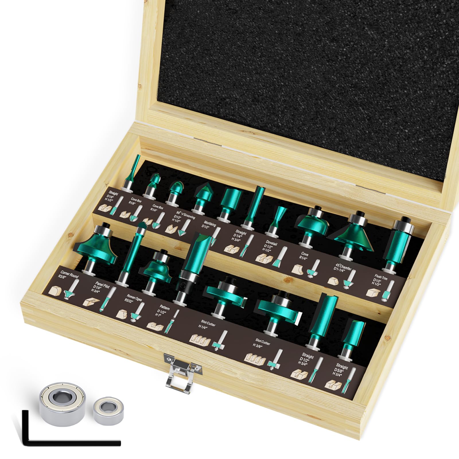 CSOOM Juego de 20 brocas profesionales para carpintería con rodamientos de repuesto, adecuadas para vástago de 8 mm, cuchillas de aleación dura, herramientas de carpintería, empaquetadas en cajas de