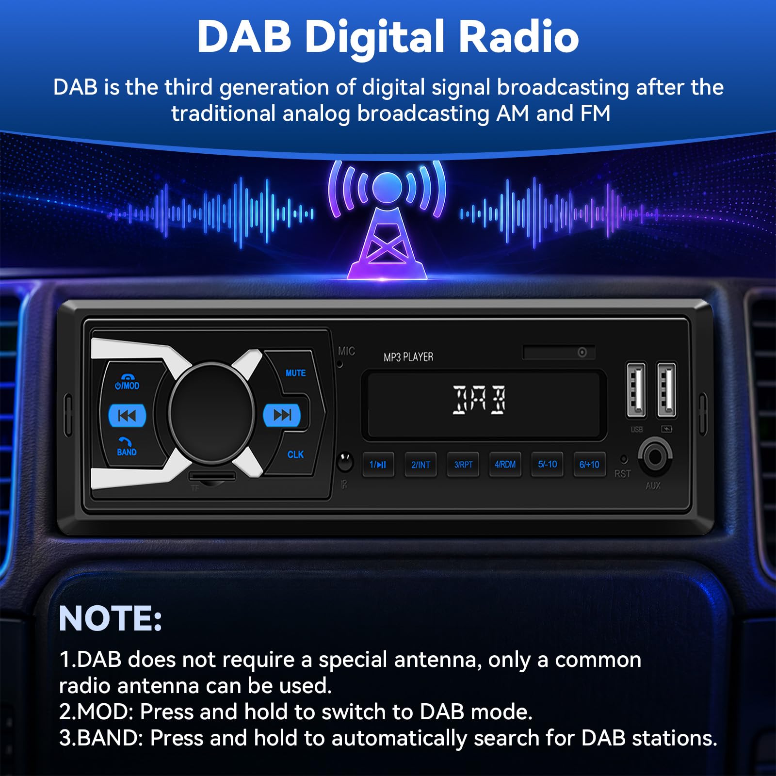 SIXTOP DAB Autoradio con sistema vivavoce Bluetooth, autoradio 1DIN con radio FM/display orologio LCD, lettore MP3