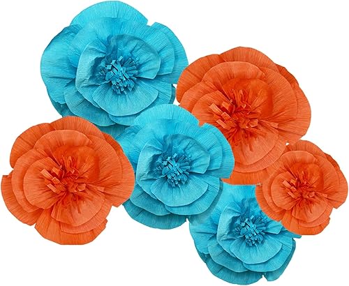 IGUO Flores hechas a mano en 3D de color naranja y azul, 6 piezas de papel para decoración de pared, decoración de fiesta de verano, baby shower,