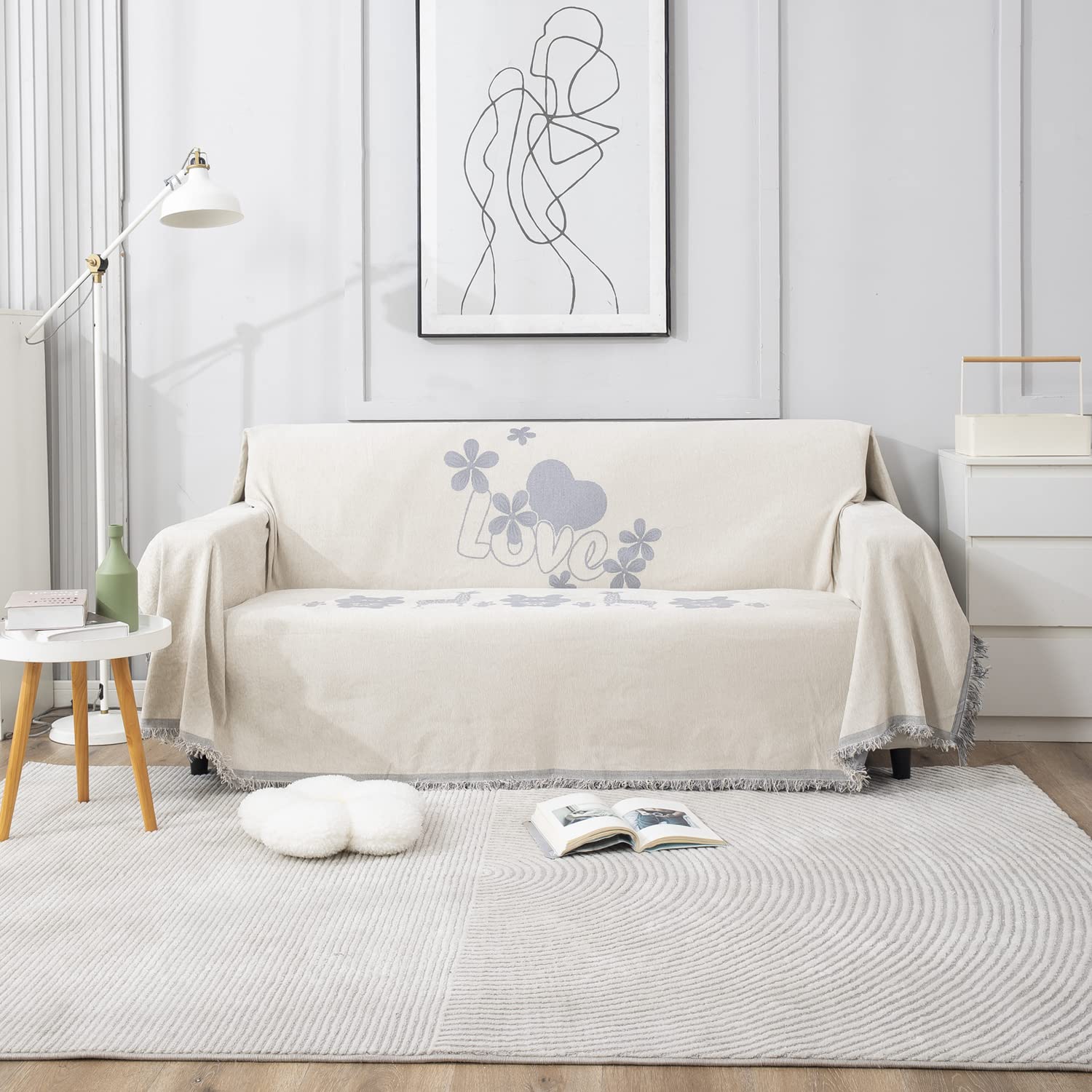 HOKIPO Chenille Sofa Cover Thick And Soft Throws Blanket 2 Seater, 180 (D) X 230 (L) Cm (Ar-4594-D5), Off-White-image-15