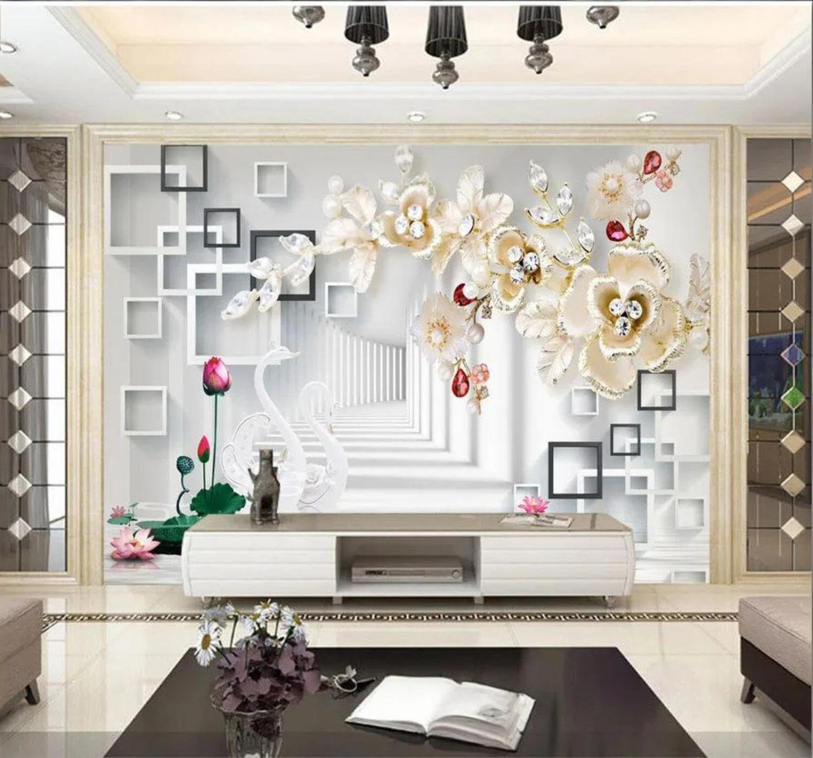 Wallpaper-3D-Xlm 350Cm×256Cm(B×H) Contemporary Luxury Geometric Floral Swans Spatial Extension 3D Wallpaper Easy Install Feature Office Living Room Sofa Bedroom Tv Background Wall Decoration-350Cm×256Cm