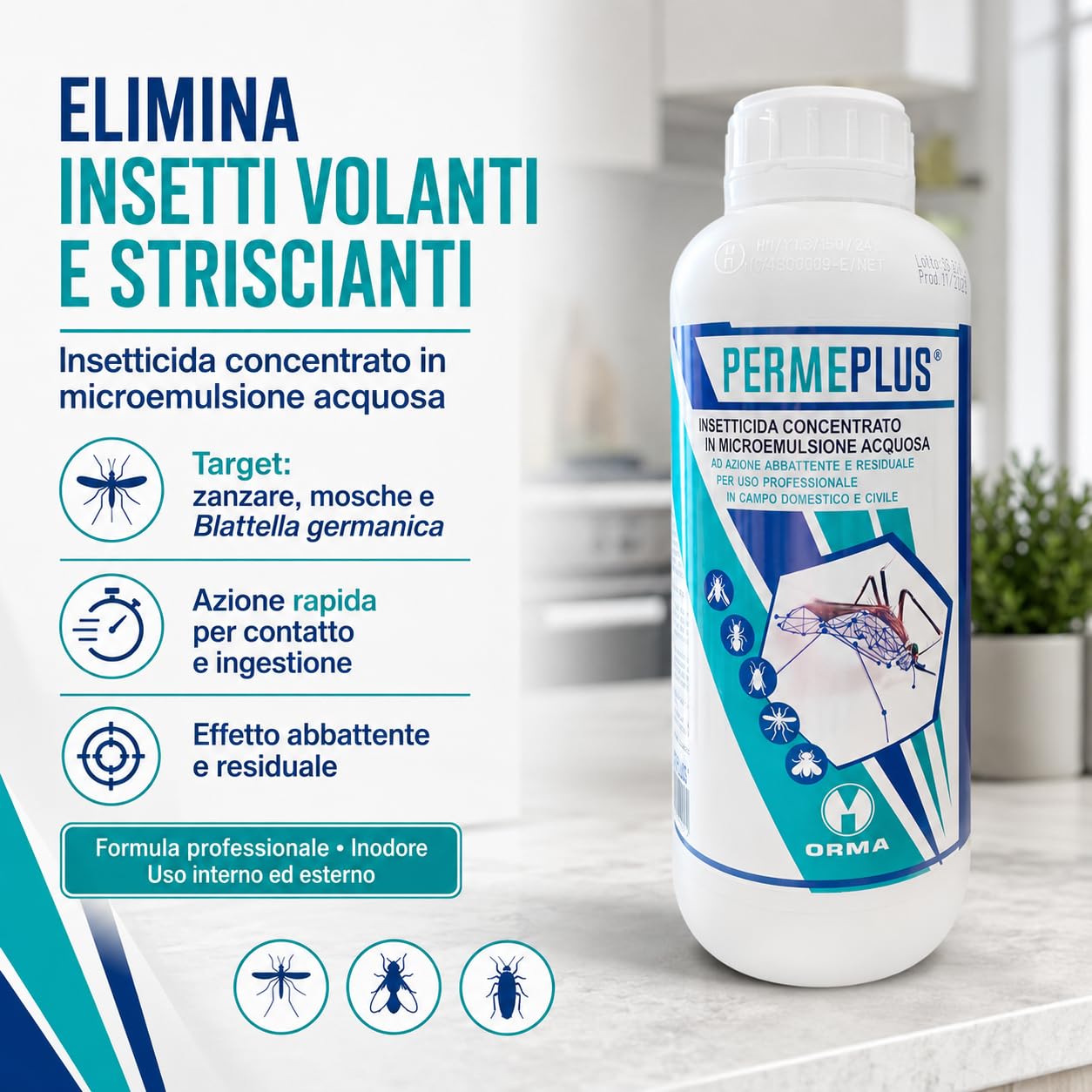 ORMA PERME PLUS | 1 Litro Insetticida Concentrato Zanzare, Mosche, Insetticida Blatte in Microemulsione - Azione Snidante e Residuale - Uso Interno ed Esterno - Inodore e Facile da Usare